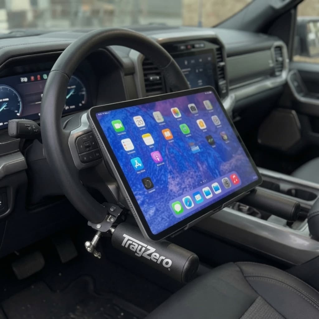 TrayZero supports holding a tablet in a parked vehicle as the new compact workspace