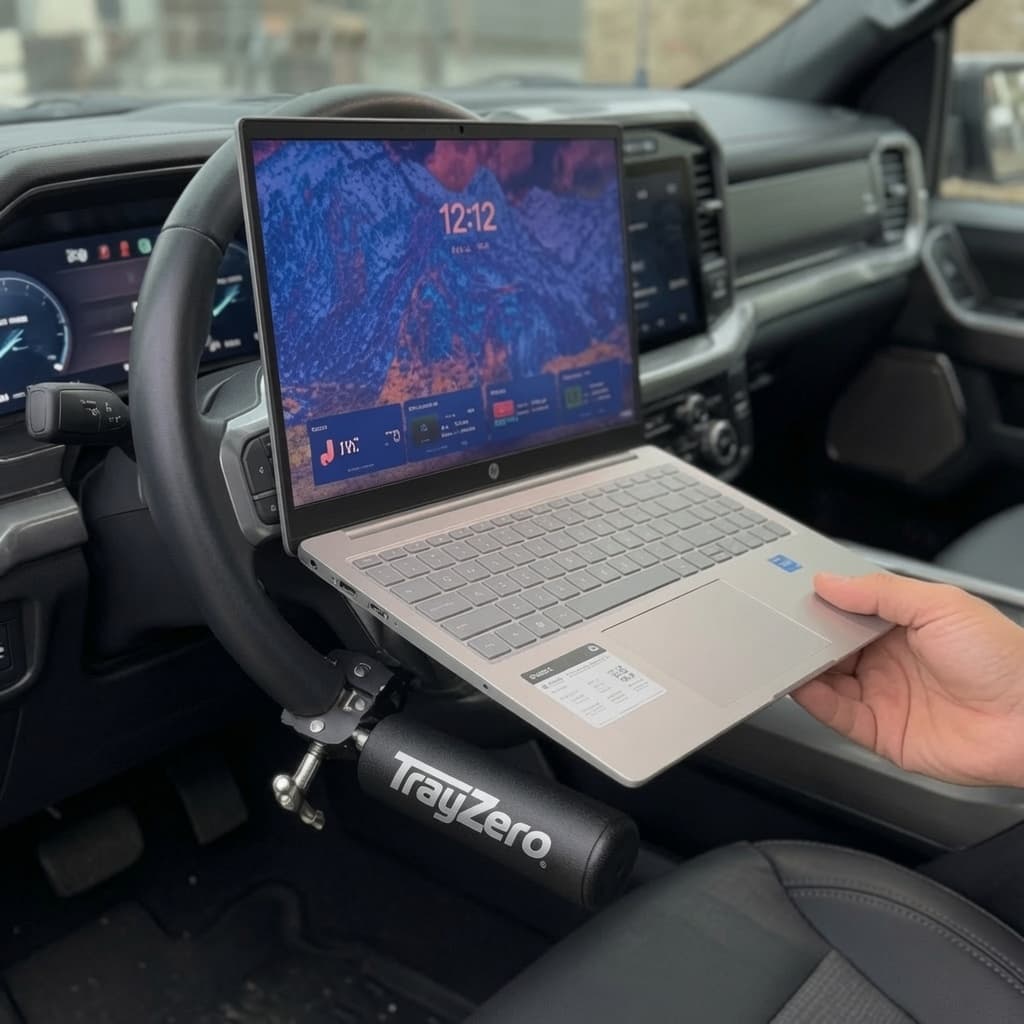 TrayZero supports holding a laptop on a steering wheel in a parked vehicle